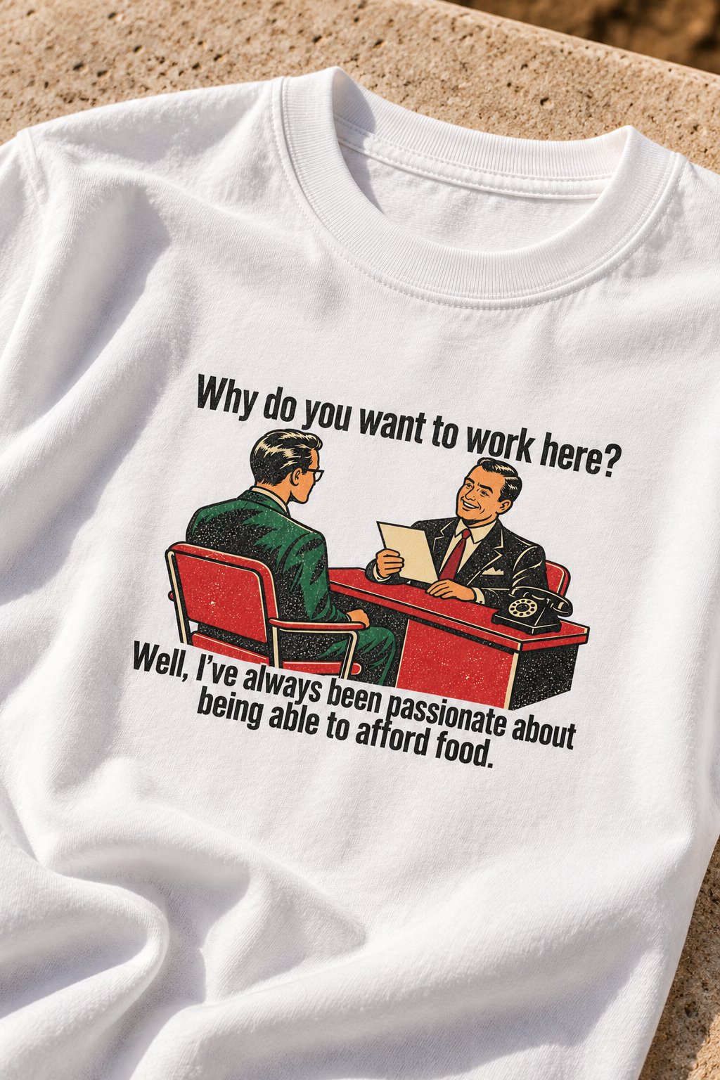 Aperçu simulé — Gros plan du motif vintage Afford Food sur coton blanc.