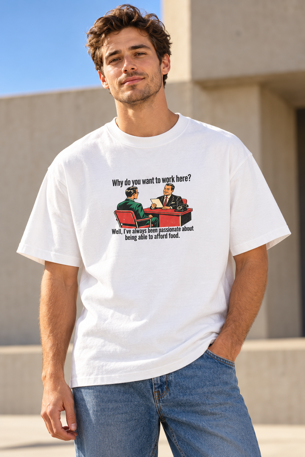 Aperçu simulé — T-shirt Afford Food blanc porté par un homme, vue de face.