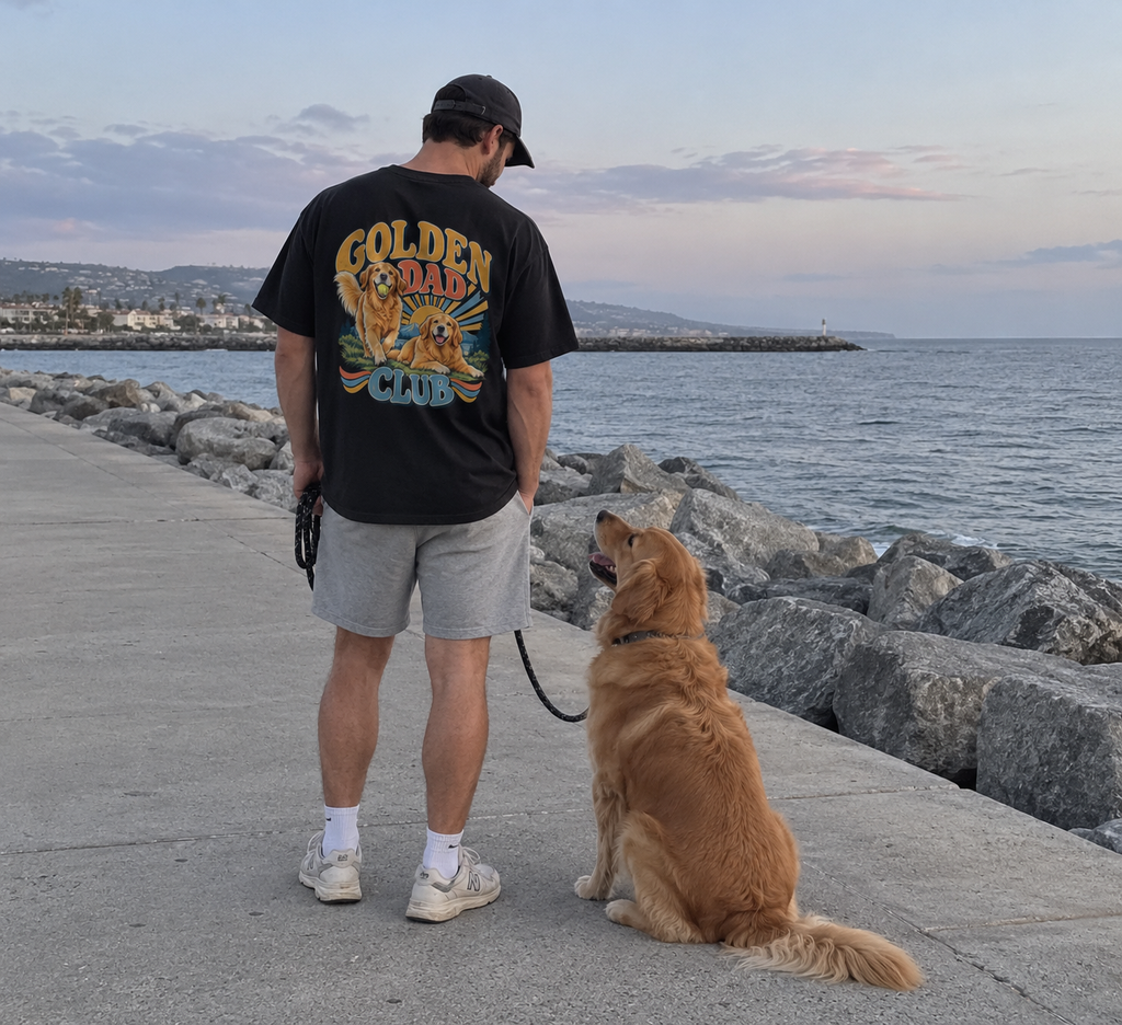 Golden Dad Club porté en balade avec un golden retriever