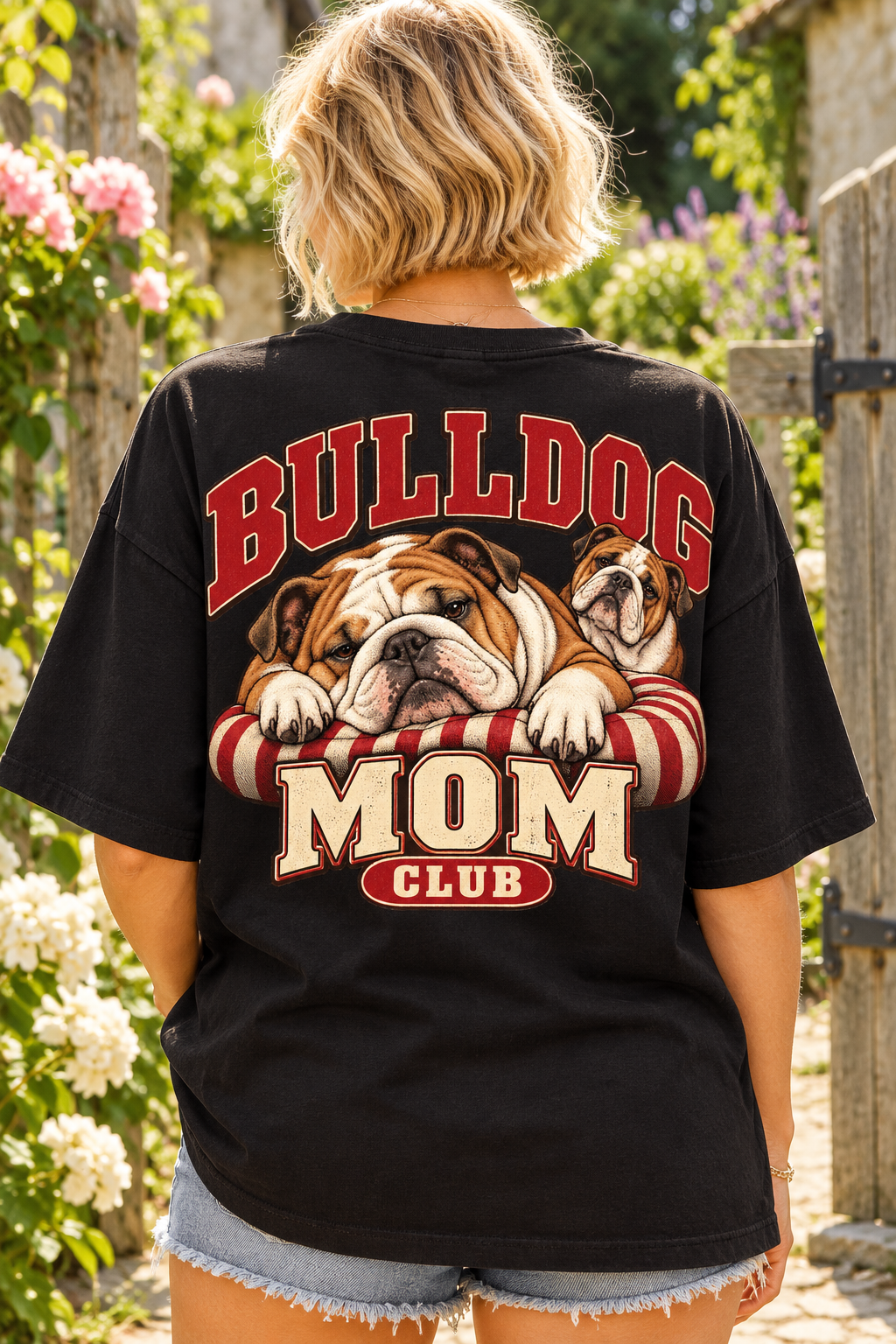 Bulldog Mom Club — T-shirt porté de dos
