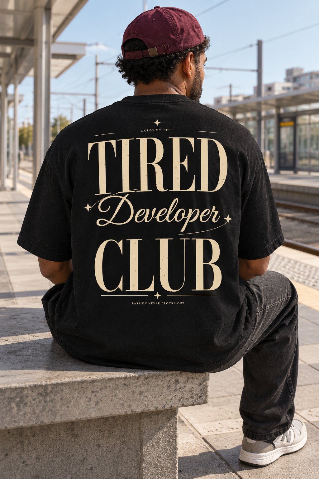 Tired Developer Club — T-shirt porté de dos