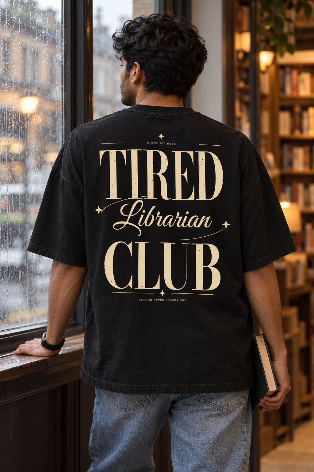 Tired Librarian Club — T-shirt porté de dos