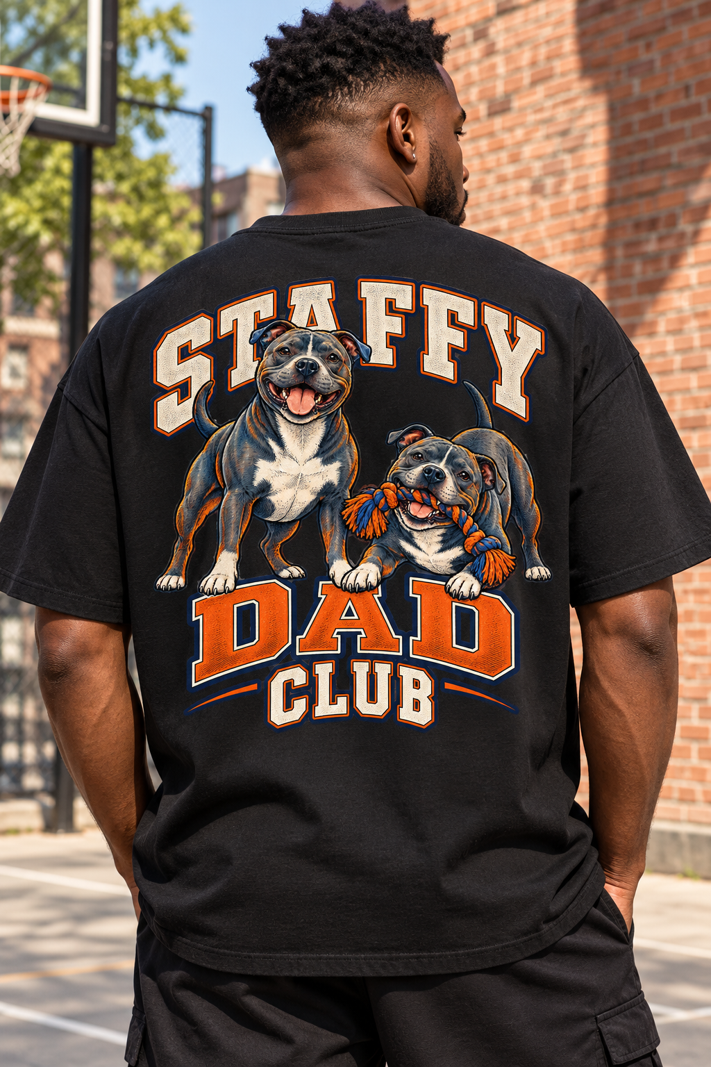 Staffy Dad Club — T-shirt porté de dos