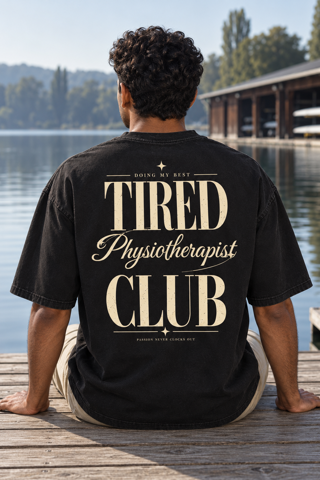 Tired Physiotherapist Club — T-shirt noir porté de dos, mockup lifestyle